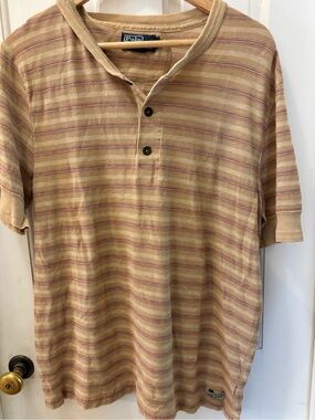Polo by Ralph Lauren Tan Striped Short Sleeve vintage Henley Shirt